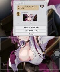 1boy 1girls bra breasts busty chark14 chat_log choker english_text female funny gloves honkai:_star_rail honkai_(series) inviting inviting_to_sex kafka_(honkai:_star_rail) large_breasts nipples no_bra one_breast_out photo purple_hair selfie sending_nudes sending_photo sexting teasing text_message