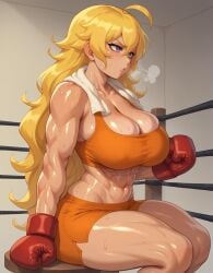 1girls abs ai_generated azure_(artist) bare_arms bare_legs bare_shoulders bare_thighs big_breasts blonde_hair blush boxing_gloves clothed clothing color female female_focus female_only fit_female hi_res large_breasts light-skinned_female light_skin long_hair mommy muscles muscular muscular_arms muscular_female muscular_legs muscular_thighs purple_eyes rwby solo solo_female sweat tagme thick_thighs towel yang_xiao_long