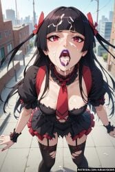 ai_generated ariavisions black_hair close-up cum_in_mouth cumshot gate_-_jieitai_ka_no_chi_nite_kaku_tatakaeri goth open_mouth red_eyes rory_mercury