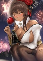 1girls blush brown_hair dark-skinned_female dark_skin female_only goddess_of_victory:_nikke huge_breasts long_hair noir_(black_rabbit)_(nikke) noir_(nikke) orange_eyes sideboob squatting thick_thighs thighhighs tied_hair