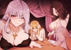 3girls 3girls1boy 3some aibanwork armpit_crease belly belly_button big_breasts big_penis black_bra blonde_hair blush cleavage clothed cock_worship cross_necklace crossover dark_brown_hair earrings elf elf_ears elf_female elf_girl gown green_eyes hair_ornament hand_on_penis jewelry light-skinned_female long_hair neckwear nightgown pubic_hair red_eyes see-through_clothing silver_hair thighs underwear