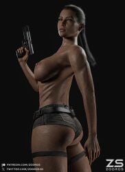 1girls 3d 3d_model 3d_render 3dcg belt big_breasts big_butt big_lips big_nipples blender_(software) blender_cycles brown_eyes brown_hair brunette_hair earrings female female_only gun human lara_croft looking_at_viewer looking_back partially_clothed partially_nude pistol ponytail shorts solo sweat sweatdrop sweating sweaty sweaty_body sweaty_butt tactical_gear tomb_raider topless topless_female zodros