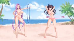 2girls arms_behind_head beach blue_eyes breasts brown_hair censored censored_pussy fate/stay_night female female_only hand_on_hip heart_necklace hula_hoop martinstorm medusa_(fate) multiple_girls naked naked_female navel necklace palm_tree purple_eyes purple_hair rider_(fate/stay_night) tohsaka_rin