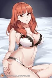 1girls aslindsamure bed bedsheets big_breasts bra celica_(fire_emblem) cleavage female fire_emblem fire_emblem_echoes:_shadows_of_valentia fire_emblem_gaiden large_breasts lingerie long_hair nintendo pale-skinned_female pale_skin panties red_eyes red_hair redhead solo thong white_lingerie