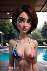 1girls ai_generated american_flag_bikini artist_name aunt aunt_cass big_hero_6 bikini blue_eyes breasts brown_hair cass_hamada collarbone day disney female flag_print green_eyes hi_res indoors lips looking_at_viewer medium_breasts milf navel nose patreon_username pool poolside progenarts short_hair solo swimsuit tan tanlines tree upper_body water watermark web_address