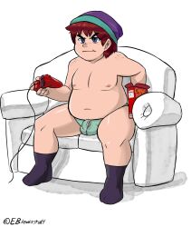 barely_clothed beanie beanie_hat bisexual bisexual_male bulge bulge_through_clothing chubby chubby_belly chubby_male couch couch_sitting cybertoxin eating eating_food fat fat_man looking_at_television looking_at_tv male male_focus male_only miguel_(cybertoxin) oc original_character original_characters overweight overweight_male partially_clothed playing_games playing_videogame sitting sitting_on_couch socks socks_on underwear underwear_only