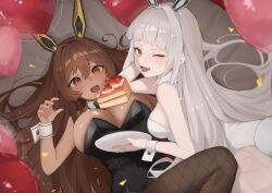 2girls blanc_(nikke) breasts brown_hair bunny_ears bunnysuit cake cleavage dark-skinned_female dark_skin female_only food goddess_of_victory:_nikke huge_breasts long_hair lying noir_(nikke) on_back on_floor one_eye_closed orange_eyes sideboob white_hair