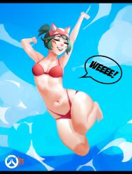 animal_ears armpits arms_up barefoot bikini blue_sky breasts cleavage closed_eyes clothing cloud day english_text facial_mark female female_only fox_mask full_body green_hair grin jumping kiriko_(overwatch) letterboxed lips mask mask_on_head medium_breasts navel ocean open_mouth outdoors overwatch overwatch_2 ponytail red_bikini red_swimsuit short_hair short_ponytail sky smile solo speech_bubble stomach swimsuit tagme teeth water