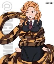 2girls blonde_hair brown_eyes coiling coils duo female female_only girl harry_potter hermione_granger interspecies licking licking_lips multiple_girls nagini school_uniform snake solo squeeze squeezing squeezing_breast struggling struggling_prey witch wizard yellow_hair yuri zocorukii zoophilia