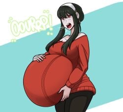 1girls big_belly black_hair bloated_belly blush burp burping clothed clothing color cradling earrings fat female female_only gassy holding_belly lolotron6 long_hair red_eyes spy_x_family stuffed_belly text yor_briar