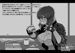 breasts cleavage eating female fingerless_gloves food ghost_in_the_shell ghost_in_the_shell_stand_alone_complex gloves holding holding_food kusanagi_motoko large_breasts looking_at_viewer monochrome sashizume_soutarou sexually_suggestive shiny_skin translation_request
