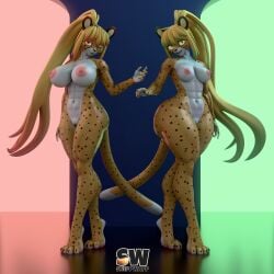 2girls 3d_(artwork) abs absurd_res anthro areola artist_logo ass ass_vs_breasts athletic big_breasts big_butt blender blender_(artwork) blender_(software) blender_eevee blender_eevee_next blonde_hair bottom_heavy breasts cheetah completely_nude completely_nude_female countershading curvaceous curvy_female curvy_figure digital_media_(artwork) duo elaine_miller_(spitfire420007) felid feline female female/female fur genitals green_eyes hair hi_res huge_breasts logo looking_at_viewer mammal markings multiple_girls nataly_miller_(spitfire420007) nipples nude nude_female open_mouth ponytail pussy red_eyes sibling_(lore) sister_(lore) sisters_(lore) small_breasts smile smiling_at_viewer snippwapp spots spotted_body standing tail thick_thighs toned toned_female top_heavy twins_(lore) voluptuous voluptuous_female wide_hips