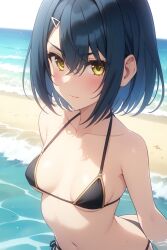 1female 1girls ai_generated bangs beach bikini blue_hair blue_hair_female breasts commentary_request english_commentary female female_focus female_only hi_res highres light_skin micro_bikini outdoors outside seiyuu_radio_no_ura_omote short_hair short_hair_female small_breasts solo solo_female solo_focus very_high_resolution watanabe_chika yellow_eyes yellow_eyes_female