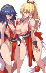 2girls alternate_costume anime_style areola_slip areolae blonde_hair blue_eyes blue_hair blush breasts cleavage embarrassed eyebrows_visible_through_hair fire_emblem fire_emblem_awakening flat_chest flat_chested hair_ornament impossible_clothes japanese_clothes konno_tohiro large_breasts long_hair looking_at_viewer lucina_(fire_emblem) mai_shiranui_(cosplay) medium_breasts metroid multiple_girls nintendo no_bra no_panties open_eyes ponytail revealing_clothes samus_aran seductive_smile smile super_smash_bros. thighs third-party_edit tiara very_long_hair