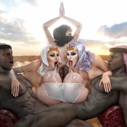 2boys 3d 3girls ai_assisted arabian arabic_text ass assjob between_buttocks big_ass big_butt big_penis blowjob burka cum cum_drip cum_in_mouth cum_on_ass cum_on_penis dark-skinned_male desert female fffmm_fivesome hijab islam large_ass middle_eastern milf muslim muslim_female niqab oiled_ass om_al_baraa sky sucking_penis sucking_tip