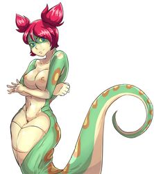 blue_eyes breasts female green_skin highres lamia monster_girl nipples pussy red_hair shantae short_twintails smooth_skin tuki_(shantae) twintails yellow_sclera