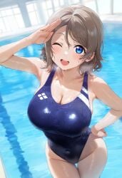 ai_generated blue_eyes breasts brown_hair competition_swimsuit female looking_at_viewer love_live! love_live!_school_idol_project love_live!_sunshine!! medium_breasts one-piece_swimsuit salute short_hair solo swimsuit thighs watanabe_you