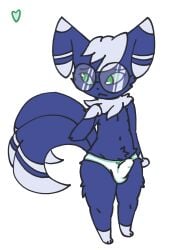 anthro averting_eyes biped blue_body blue_fur bulge clothing detailed_bulge embarrassed eyewear femboy floppy_ears fur generation_6_pokemon genital_outline glasses green_eyes heartear18 hi_res male male_anthro meowstic multi_tail nintendo panties panties_bulge penis_outline pokemon pokemon_(species) round_glasses short_stack small_paws solo tail underwear