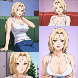 ai_generated big_breasts blonde_hair brown_eyes cum cum_on_shirt forehead_mark jeans large_breasts naruto naruto_(series) naruto_shippuden stable_diffusion tank_top tanktop tsunade