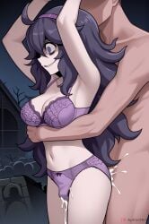 clothed_sex crazy_eyes hex_maniac hex_maniac_(pokemon) penis_in_panties purple_eyes purple_hair purple_panties sinister_smile thigh_sex thighsex