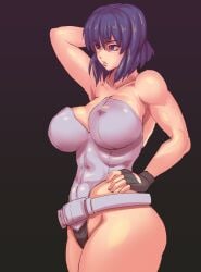 arm_up bare_shoulders belt black_background breasts covered_erect_nipples female female_focus fingerless_gloves ghost_in_the_shell gloves groin hand_on_own_hip highres huge_breasts kusanagi_motoko large_breasts lips purple_eyes purple_hair sashizume_soutarou short_hair simple_background solo thick_thighs thighs toned