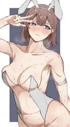 1girls armpits big_breasts blue_eyes blush brown_hair bunny_ears embarrassed hairclip hod_(lobotomy_corporation) lobotomy_corporation looking_away nb8c partially_clothed peace_sign project_moon short_hair skimpy solo standing sweat thick_thighs