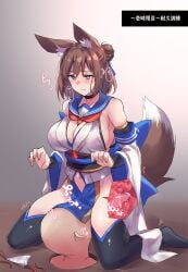 1girls animal_ear_fluff animal_ears bare_shoulders black_gloves black_thighhighs blue_sailor_collar blue_trim breasts brown_hair cleavage clenched_teeth clothing_cutout cunnilingus detached_sleeves elbow_gloves extra_ears female fingerless_gloves fox_ears fox_girl fox_tail gloves highres navel_cutout neckerchief no_panties oral original panties pelvic_curtain red_neckerchief revealing_clothes sailor_collar sawaya_(mizukazu) side-tie_panties sideboob speech_bubble tail teeth thighhighs trembling underwear wide_sleeves x-ray