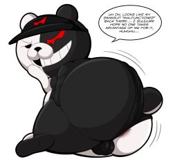 absurd_res anthro anus ass barely_visible_anus bear big_butt bulge clothing clothing_aside danganronpa dialogue english_text hat headgear headwear hi_res looking_at_viewer looking_back lying male mammal monokuma on_side solo speedo speedo_aside spike_chunsoft swimwear teasing tepigfan101 text visor_cap