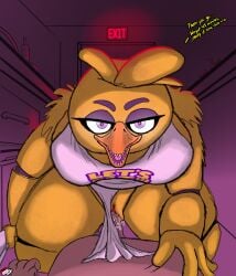 animatronic anthro apron apron_only arm_tuft avian beak big_breasts bird bodily_fluids bottomwear bottomwear_down breasts chica_(fnaf) chica_(fnaf1) chica_(fnaf_1) chicken classic_chica_(fnaf) cleaver_(knife) clothed clothing cutlery dialogue dominant dominant_female drow462 duo erection exit_sign feather_hair feathers female first_person_view five_nights_at_freddy's galliform gallus_(genus) genital_fluids genitals glowing glowing_eyes hi_res human inside kitchen kitchen_knife kitchen_utensils kneeling knife looking_at_viewer looking_down looking_down_at_viewer low-angle_view machine male male/female mammal mommy_kink mostly_nude offering_hand orange_beak pants pants_around_ankles pants_down partially_clothed penetration penile penile_penetration penis phasianid pseudo_hair purple_eyes pussy rim_lighting robot scottgames sex sharp_teeth shoulder_tuft straddling submissive submissive_male talking_to_viewer teeth text text_on_clothing text_on_topwear thick_thighs tools toothed_beak topwear tuft vaginal_fluids yellow_body yellow_feathers