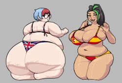 ass ass_bigger_than_head ass_focus back_view bbw bikini black_hair breasts_focus british_flag_bikini facing_away facing_viewer fat fat_ass fat_belly fat_breasts female flag_bikini flag_print_bikini freckles game_freak glasses green_highlights holding_breasts huge_ass maniacalfork nemona_(pokemon) nintendo overweight penny_(pokemon) pokemon pokemon_sv red_and_blue_hair spanish_flag_bikini ssbbw tagme thighs_up two_colored_hair weight_gain