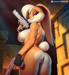 2024 anthro areola ass blonde_hair blue_eyes breasts clothing female fingerless_gloves fingerless_gloves_only fur genitals gloves gloves_only gun hair handwear handwear_only hi_res lagomorph lara_croft leporid lola_bunny looking_at_viewer looking_back looking_back_at_viewer looney_tunes mammal mostly_nude narrowed_eyes nipples pak009 pussy rabbit ranged_weapon solo tan_body tan_fur tomb_raider warner_brothers weapon