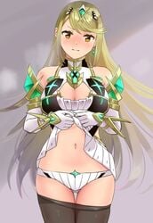 bangs blonde_hair blush breasts cleavage earrings female gem gloves headpiece jewelry large_breasts long_hair looking_at_viewer mythra_(xenoblade) nintendo ooshima_aki panties pantyhose simple_background solo swept_bangs tiara underwear very_long_hair white_panties xenoblade_(series) xenoblade_chronicles_2 yellow_eyes