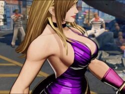 1girls 3d animated armpits big_breasts blonde_hair bonne_jenet breasts cleavage curvy fatal_fury fatal_fury:_city_of_the_wolves female female_only figure garou:_mark_of_the_wolves hourglass_figure jenet_behrn king_of_fighters king_of_fighters_xv official_art purple_dress sexy snk video_games voluptous walking