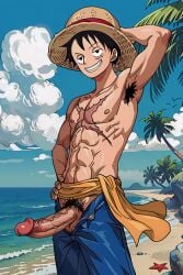 1boy ai_generated armpit_hair armpits big_penis black_hair male male_only monkey_d_luffy one_piece pants_open pubic_hair solo veiny_penis