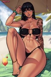 1girls abs absurdres anklet areolae arm_support arm_tattoo artist_name bangs barefoot beach_towel beach_umbrella big_lips bikini bikini_bottom bikini_top black_hair black_nails blush bracelet breasts brown_eyes chel clothed clouds cocktail collarbone dark-skinned_female dark_skin dreamworks earrings feet female female_only goth_chel hair_between_eyes hourglass_figure human jewelry large_breasts long_hair looking_at_viewer mountains nail_polish navel palm_tree parted_lips rabbitslides sand seaside shoulder_tattoo side-tie_bikini sitting sky solo tattoo tattoo_sleeve the_road_to_el_dorado thick_thighs toenail_polish toes toned toned_female tree umbrella underboob wide_hips