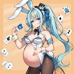 1girls ai_generated big_breasts blue_hair breasts bunny_ears bunny_girl bunnysuit clothed clothing female human kaminari_clara light-skinned_female light_skin mostly_clothed phase_connect phase_connect_jp playing_card pregnant standing top_hat virtual_youtuber