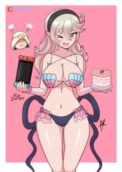 alternate_costume bikini breasts cake corrin_(female)_(fire_emblem) corrin_(female)_(summer)_(fire_emblem) corrin_(fire_emblem) corrin_(fire_emblem)_(female) female fire_emblem fire_emblem_cipher fire_emblem_fates fire_emblem_heroes nintendo official_alternate_costume one_eye_closed open_mouth raydango shell_bikini swimsuit