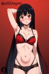 ai_generated arm_behind_head arm_up armpits ass_visible_through_thighs bangs black_hair black_panties blunt_bangs blush bow bow_panties bra breasts brown_eyes cleavage collarbone cowboy_shot female gradient gradient_background highleg jabami_yumeko kakegurui lace lace-trimmed_bra lace-trimmed_panties lace_trim lingerie lips long_hair looking_at_viewer medium_breasts multi-strapped_panties navel panties parted_lips pikkiwynn red_background red_bra red_eyes simple_background skindentation solo standing underwear underwear_only very_long_hair