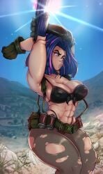 1girls abs arms_up big_breasts blue_hair breasts cleavage clothing cosplay female female_only lady_nagant looking_at_viewer metal_gear_solid metal_gear_solid_v my_hero_academia outdoors png purple_highlights quiet_(metal_gear)_(cosplay) reliusmax rifle solo sun sunlight thick_thighs wide_hips