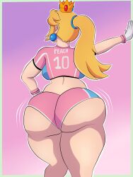 1girls ass ass_focus ass_shake big_ass big_butt blonde_hair blue_eyes blueartfiend booty breasts crown gradient_background huge_ass huge_butt large_ass large_butt long_hair mario_(series) mario_strikers mario_strikers_peach_back_view_redraw_(meme) motion_lines pink_shorts ponytail princess_peach purple_background simple_background solo