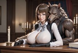 ai_generated anthro big_balls big_breasts big_penis creamhorseai dungeon_ni_deai_wo_motomeru_no_wa_machigatteiru_darou_ka eina_tulle furry horsecock huge_balls huge_breasts huge_cock lingerie milf monster muscular_male secretary suit thick_penis thick_thighs werewolf