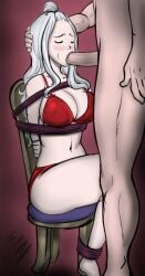 1boy 1girls big_breasts blowjob blush bondage bra breasts closed_eyes dakuroihoshi drewmlin fairy_tail fellatio female forced_oral male midriff mirajane_strauss panties penis questionable_consent rape rope rope_bondage tied_to_chair underwear white_hair