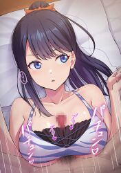 1boy averting_eyes bikini black_hair blue_eyes boy_on_top breasts censored commentary_request female gridman_universe handsfree_paizuri head_on_pillow highres long_hair lying male_pubic_hair mibushiro mosaic_censoring on_back open_mouth paizuri penis ponytail pubic_hair ssss.gridman straddling_paizuri straight swimsuit takarada_rikka textless_version