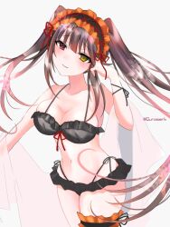 bikini black_hair breasts date_a_live heterochromia light-skinned_female long_hair red_eyes solo solo_female thighs tokisaki_kurumi twintails yellow_eyes