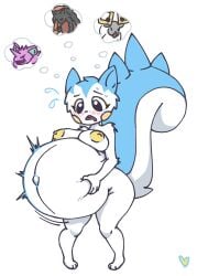 anthro belly big_belly big_tail blush bodily_fluids female fluffy generation_1_pokemon generation_4_pokemon generation_7_pokemon generation_8_pokemon heartear18 hi_res huge_belly hyper hyper_belly mammal mother_(lore) mudsdale navel nidoking nintendo overdue pachirisu panicking parent_(lore) pokemon pokemon_(species) pregnant rodent sciurid short_stack solo sweat sweatdrop tail thought_bubble wyrdeer