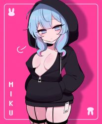 barcode black_hoodie character_name clarevoir english_text fishnets garter_straps hands_in_pockets hatsune_miku hoodie medium_breasts open_hoodie rabbit_hole_(vocaloid) text thick_thighs vocaloid wide_hips