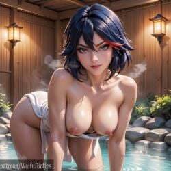 ai_generated black_hair blue_eyes breasts female kill_la_kill matoi_ryuuko multicolored_hair onsen petite short_hair solo solo_female solo_focus stable_diffusion towel towel_wrap waifudieties