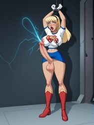 1futa ahe_gao ai_generated blonde_futa blonde_hair blue_eyes bound electric_cum electricity electro_cum erect_penis erection futa_only futa_sans_pussy futanari handsfree_cum handsfree_ejaculation huge_cock standing supergirl