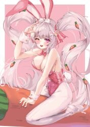 1girls alice_(nikke) alice_(wonderland_bunny)_(nikke) blush breasts bunny_ears bunnysuit cleavage female female_only fully_clothed goddess_of_victory:_nikke one_eye_closed open_mouth pink_eyes revealing_clothes simple_background sitting tight_clothing twintails upper_teeth white_hair