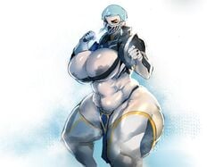 1girls 2d blue_hair donaught frost_(mortal_kombat) hairy_pussy hourglass_figure huge_breasts looking_at_viewer mask mortal_kombat nipples_visible_through_clothing pale_skin prosthetic_arm pubic_hair short_hair six_pack thick_thighs thighhighs wide_hips